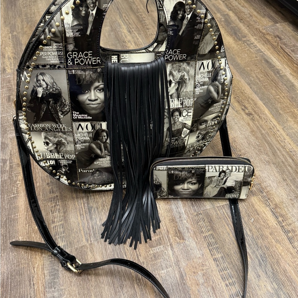 Black and‎ White Magazine Print Handbag and Wallet Set